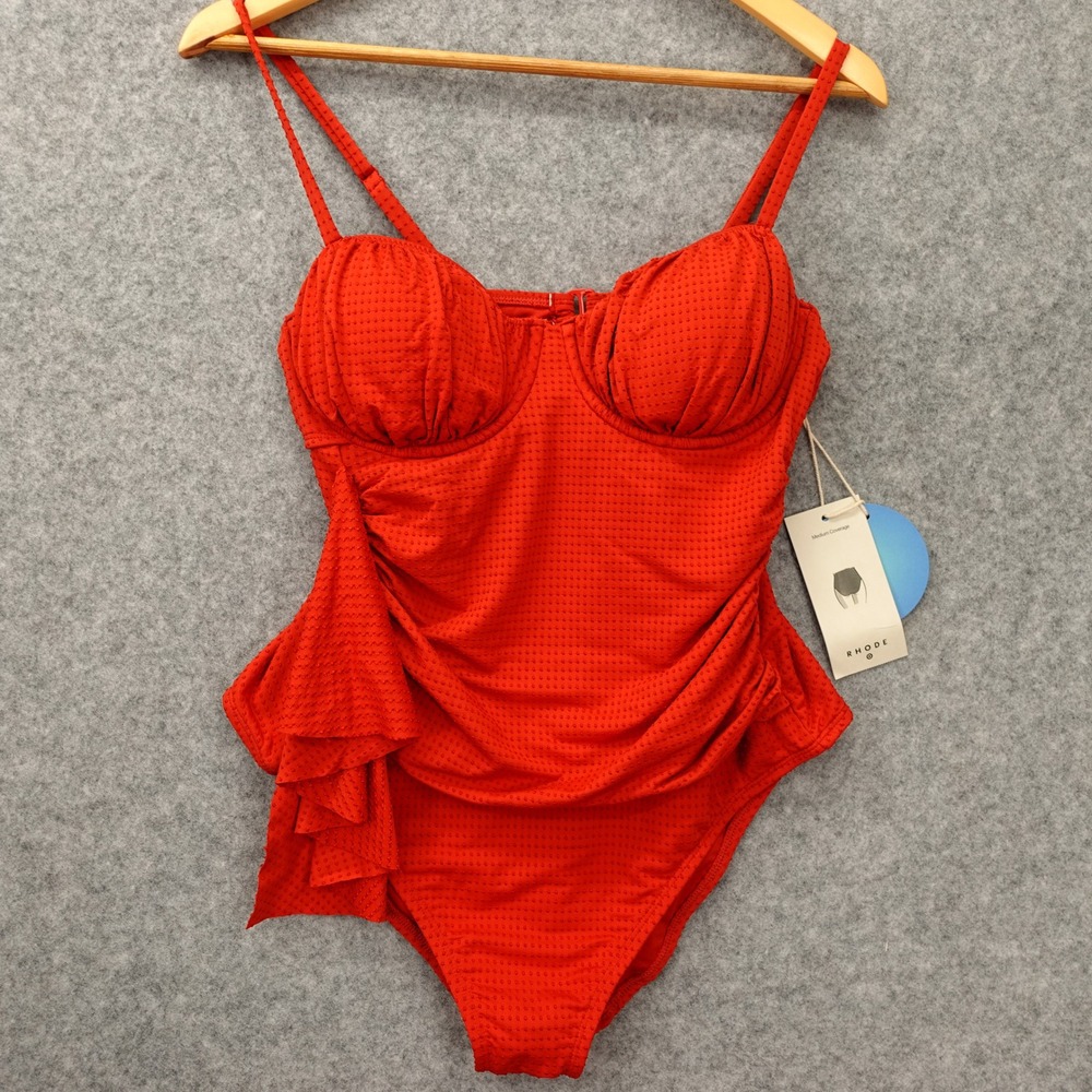 RHODE x TARGET One Piece Swimsuit Womens L Red Embossed Dot Ruffle Cut Out NEW